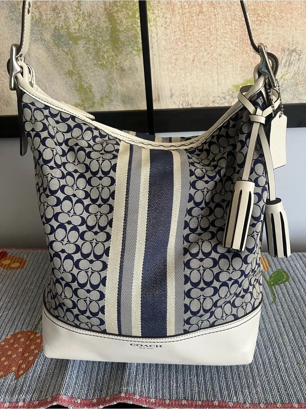 Coach Signature Canvas Stripe Hobo Duffle Bag in Navy and White